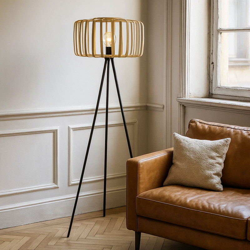 Bambusowa lampa stojąca brązowa, Tina, z przełącznik