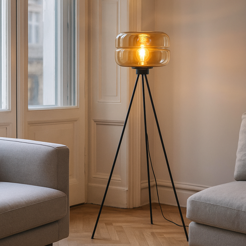 Retro lampa stojąca bursztynowa, Sean, z przełącznik