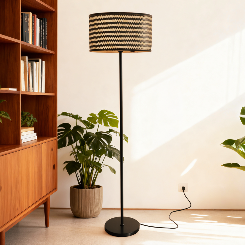 Bambusowa lampa stojąca czarna, Jildau, z przełącznik Bambusowa lampa stojąca czarna, Jildau, z przełącznik