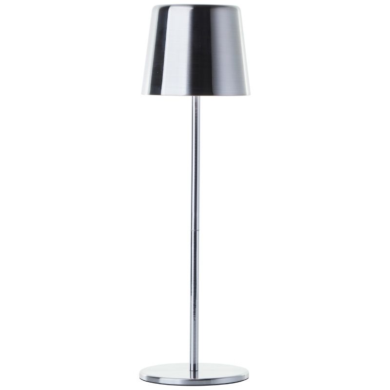 Nowoczesna akumulatorowa lampa stołowa zewnętrzna niklowa, Skander, 4W, regulowana ciepła do zimnej bieli LED, IP44, z dotykowy ściemniacz Nowoczesna akumulatorowa lampa stołowa zewnętrzna niklowa, Skander, 4W, regulowana ciepła do zimnej bieli LED, IP44, z dotykowy ściemniacz