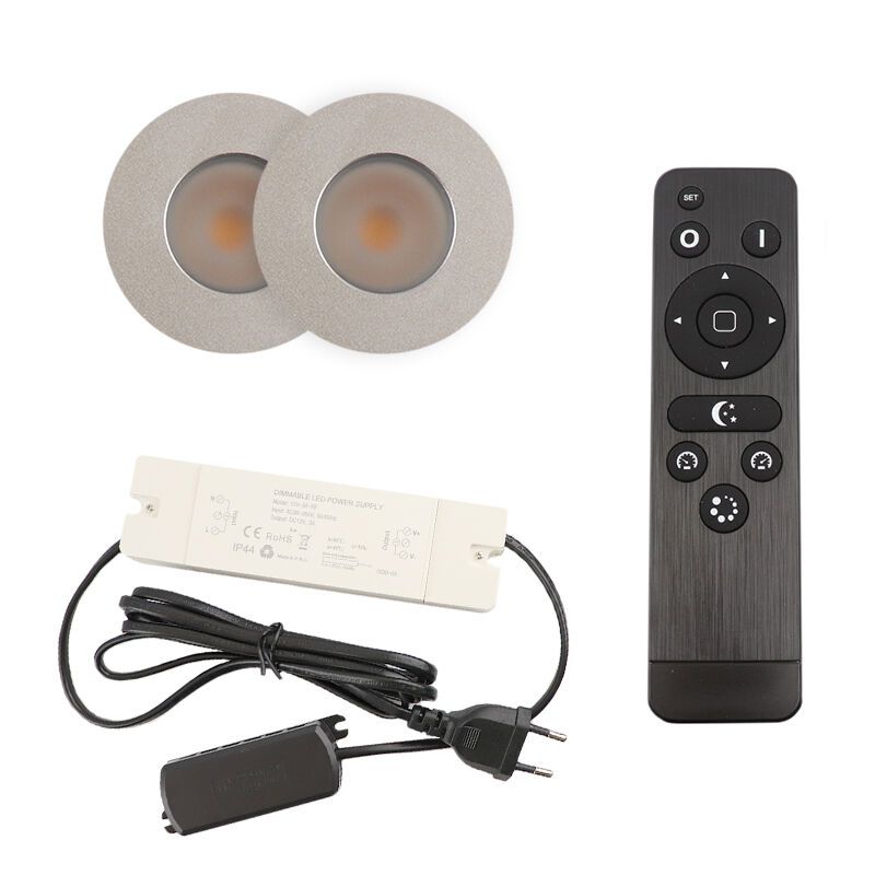 2 oprawy sufitowe wpuszczane chromowane na werandy Dico, IP65, z zestawem przyłączeniowym i pilotem