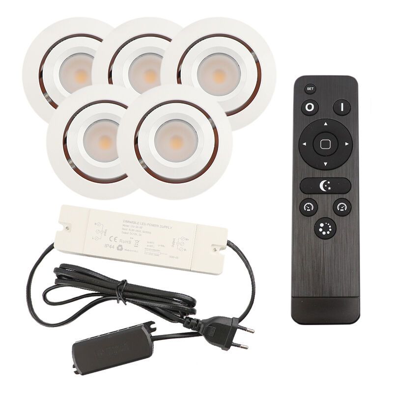 5 uchylne oprawy sufitowe wpuszczane na werandy Rona, IP44, z zestawem przyłączeniowym i pilotem, biały 5 uchylne oprawy sufitowe wpuszczane na werandy Rona, IP44, z zestawem przyłączeniowym i pilotem, biały