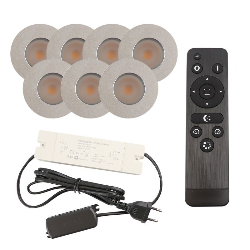 7 oprawy sufitowe wpuszczane chromowane na werandy Dico, IP65, z zestawem przyłączeniowym i pilotem