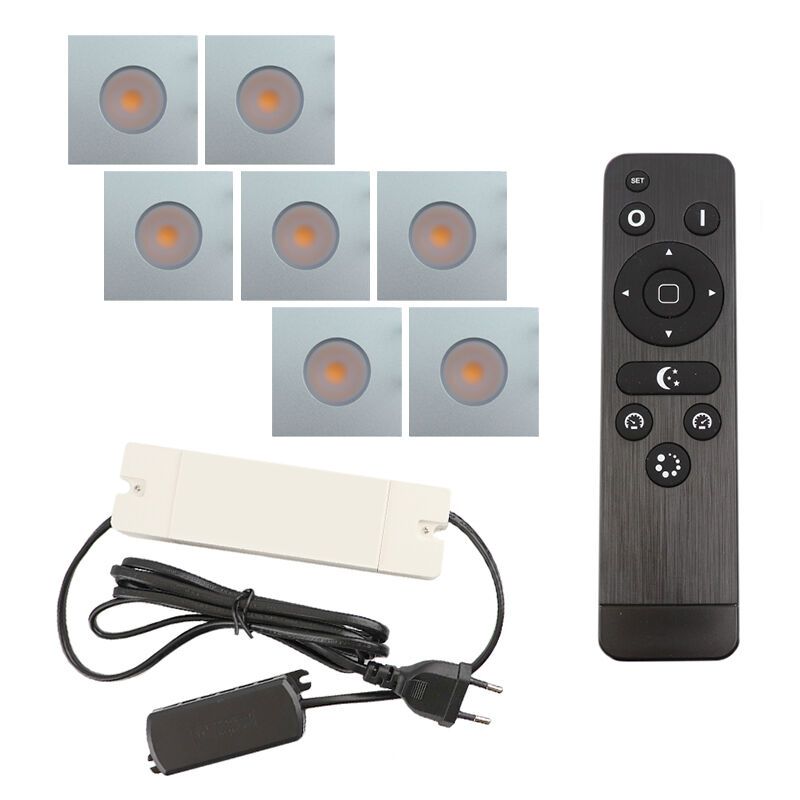 7 kwadratowe oprawy sufitowe wpuszczane chromowane na werandy Dico, IP65, z zestawem przyłączeniowym i pilotem