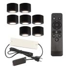 7 okrągłe oprawy natynkowe czarne na werandy Vasso, IP44, z zestawem przyłączeniowym i pilotem