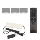 3 kwadratowe oprawy natynkowe cromowane na werandy Fredo, IP44, z zestawem przyłączeniowym i pilotem