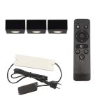 3 kwadratowe oprawy natynkowe czarne na werandy Fredo, IP44, z zestawem przyłączeniowym i pilotem