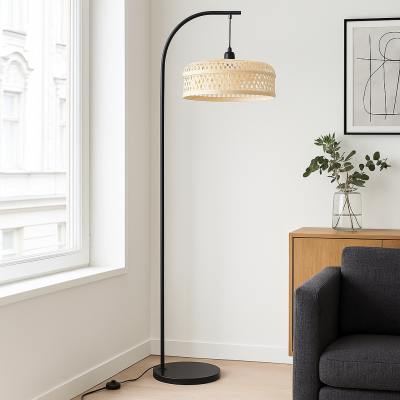 Bambusowa lampa stojąca brązowa, Jennifer, z przełącznik