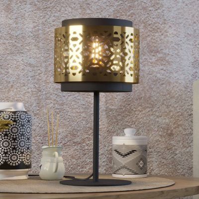 Stalowa retro lampa stołowa mosiądz, Quincy, z przełącznik