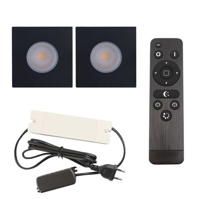 2 kwadratowe oprawy sufitowe wpuszczane czarne na werandy Dico, IP65, z zestawem przyłączeniowym i pilotem