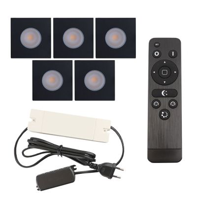 5 kwadratowe oprawy sufitowe wpuszczane czarne na werandy Dico, IP65, z zestawem przyłączeniowym i pilotem