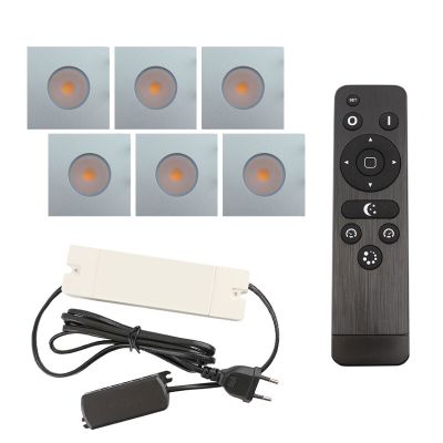 6 kwadratowe oprawy sufitowe wpuszczane chromowane na werandy Dico, IP65, z zestawem przyłączeniowym i pilotem