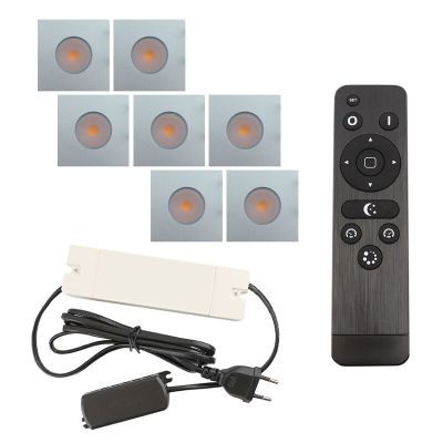 7 kwadratowe oprawy sufitowe wpuszczane chromowane na werandy Dico, IP65, z zestawem przyłączeniowym i pilotem