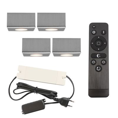 4 kwadratowe oprawy natynkowe cromowane na werandy Fredo, IP44, z zestawem przyłączeniowym i pilotem