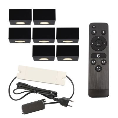 7 kwadratowe oprawy natynkowe czarne na werandy Fredo, IP44, z zestawem przyłączeniowym i pilotem